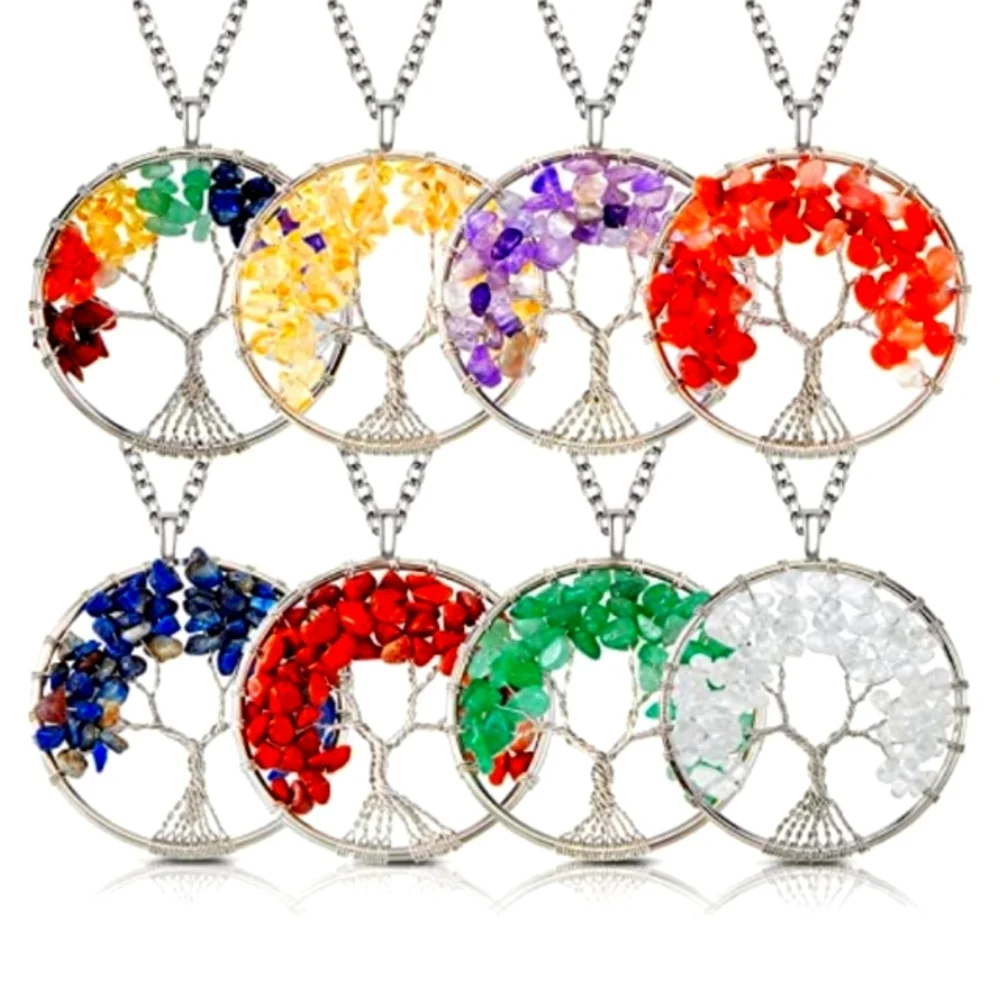 Tree of Life Wire Wrapped Chakra Energy Healing Pendant Necklace Set of 8 NWT - Picture 1 of 4